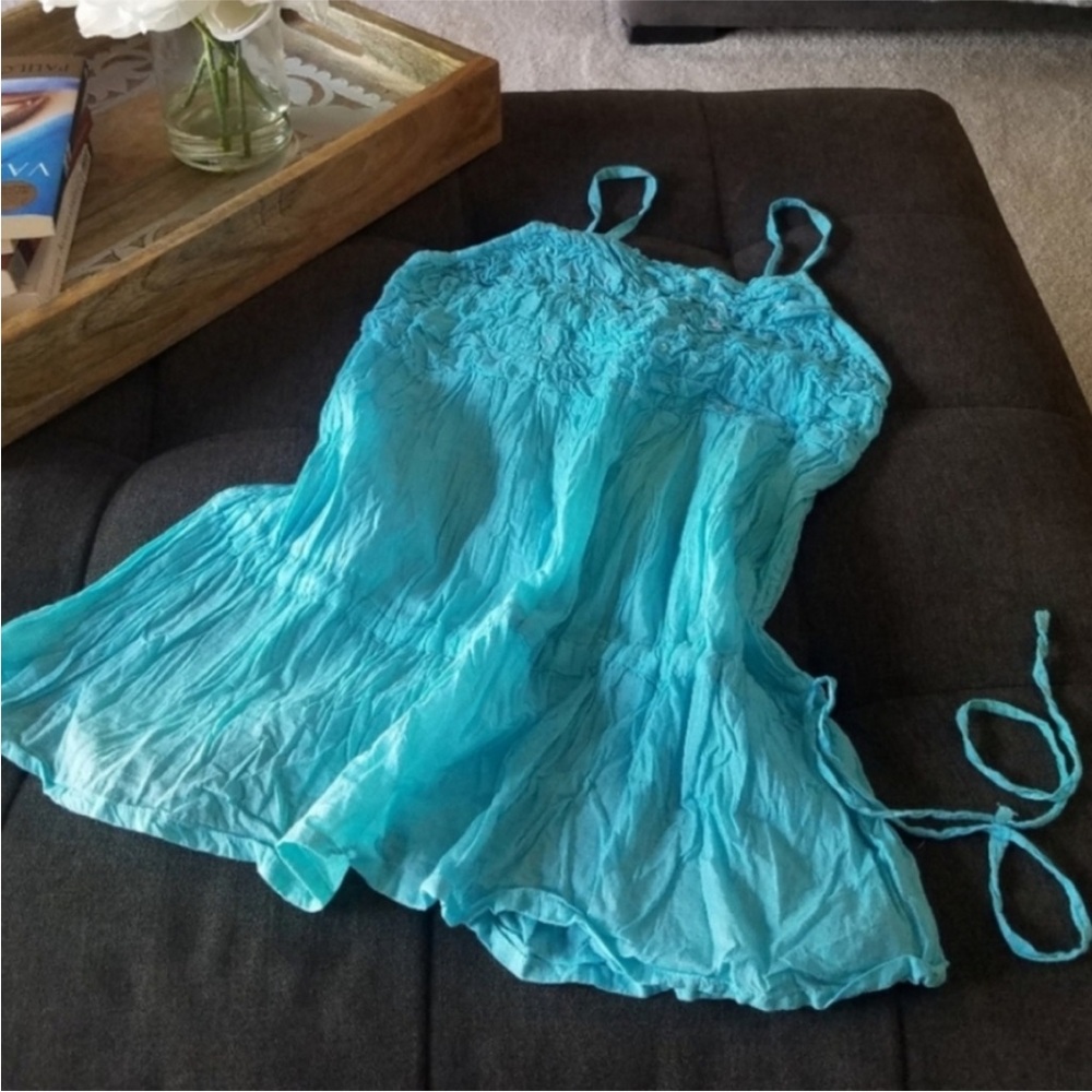 Smocked Turquoise Blue Gauze Cami Babydoll Top with Sequins & Adjustable Straps